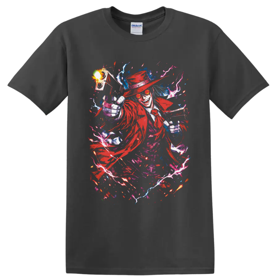 Alucard Hellsing gothic anime art with dual pistols, red coat, and lightning on a Charcoal T Shirt