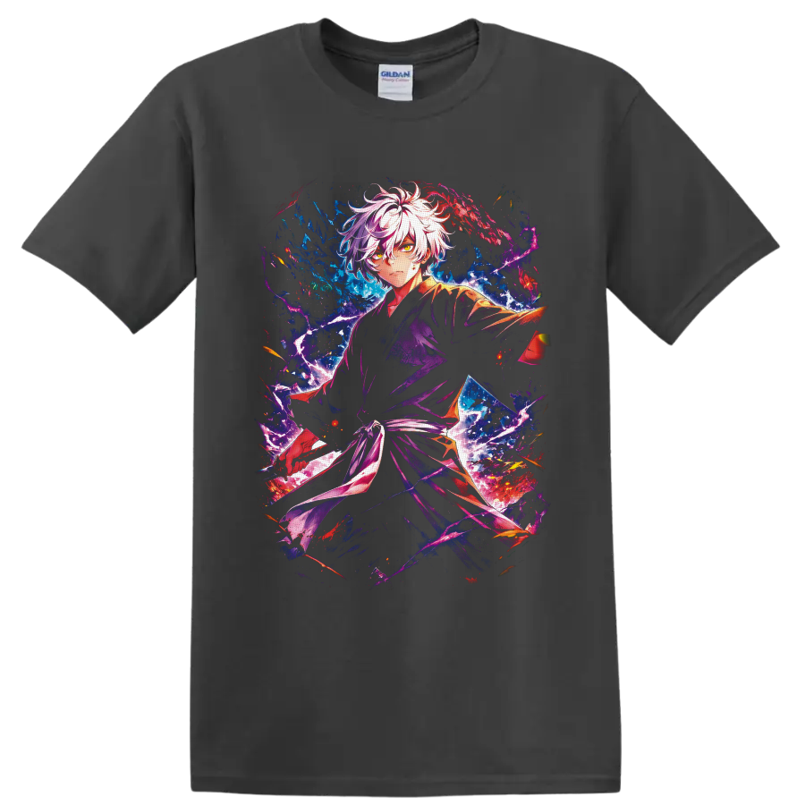 Gabimaru anime art with white hair, lightning, and blue purple red energy on a Charcoal T Shirt