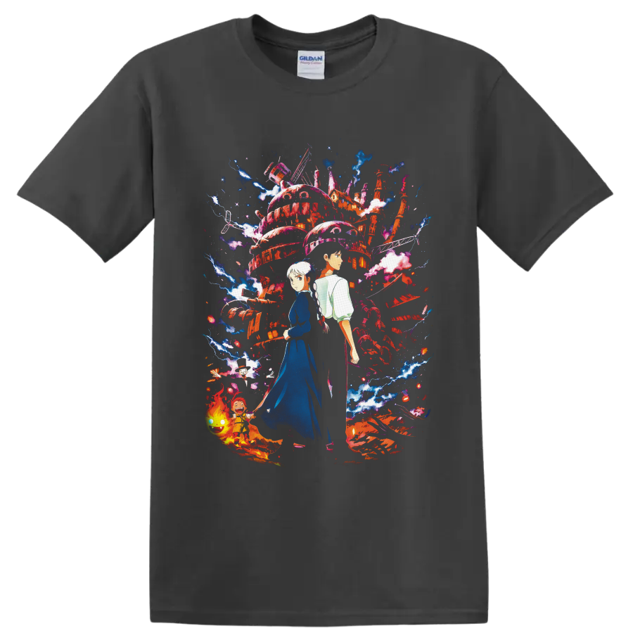 Sophie and Howl before a magical moving castle with Calcifer, Markl, lightning and flames on a Charcoal T Shirt