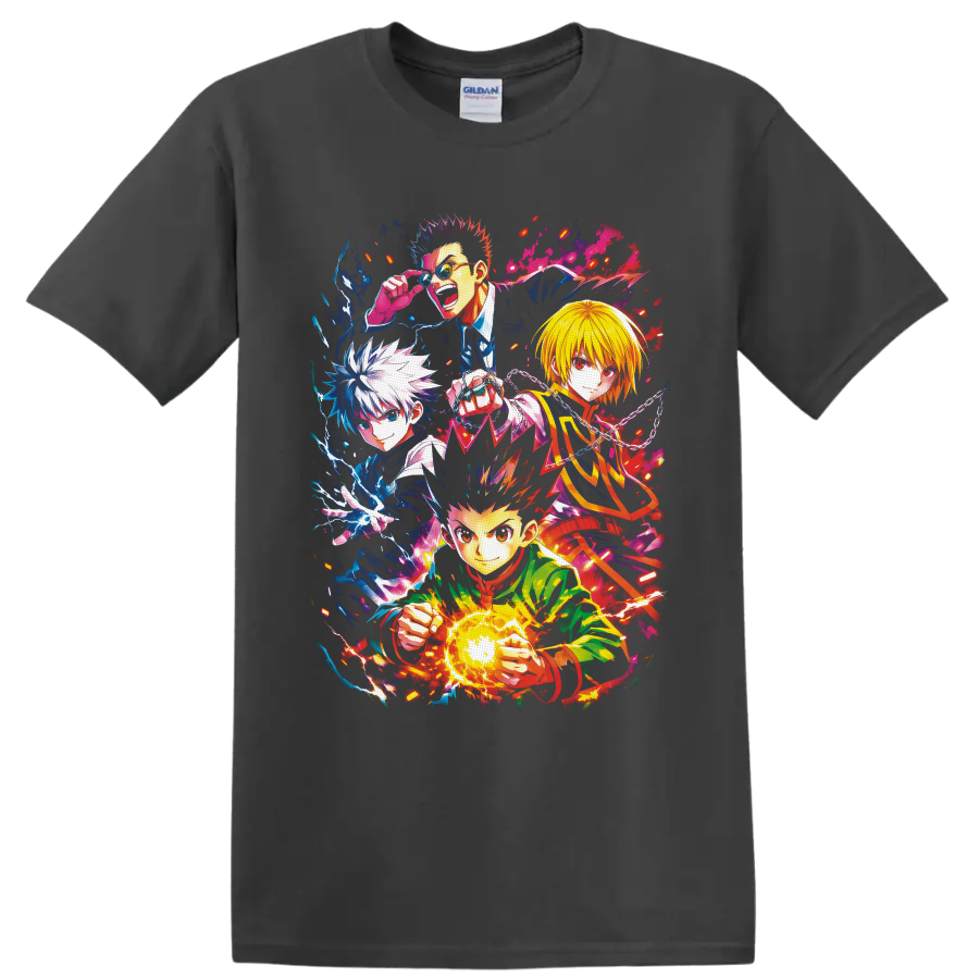 Hunter x Hunter Gon, Killua, Kurapika, and Leorio in vibrant splash-art action on a Charcoal T Shirt