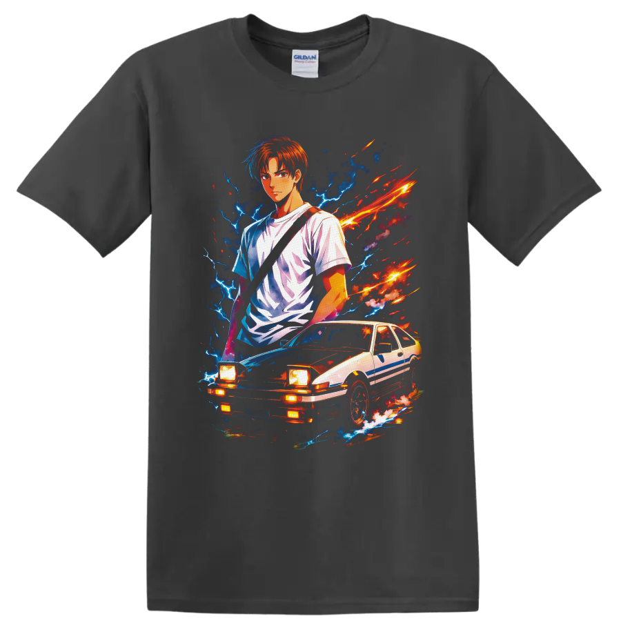 Takumi Fujiwara with Toyota Sprinter Trueno AE86 in neon anime lightning art on a Charcoal T Shirt