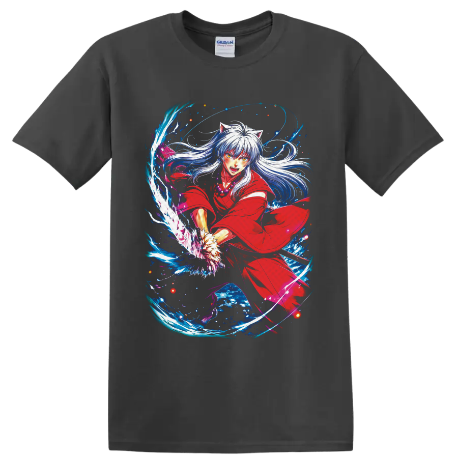 Inuyasha in red robe with silver hair and swirling blue fantasy energy on a Charcoal T Shirt