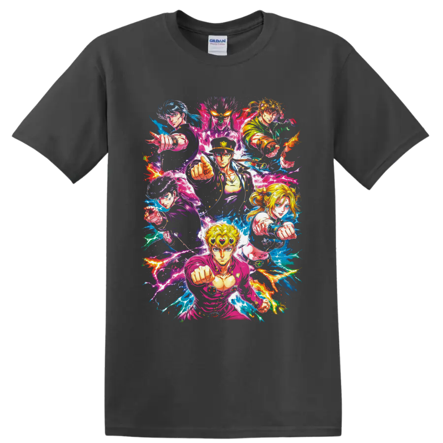 Jonathan Joestar and JoJo's Bizarre Adventure heroes in vibrant lightning anime art on a Charcoal T Shirt