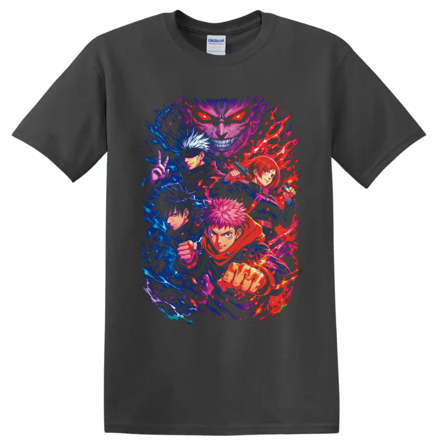 Yuji Itadori and Jujutsu Kaisen characters in vivid blue and red battle art on a Charcoal T Shirt