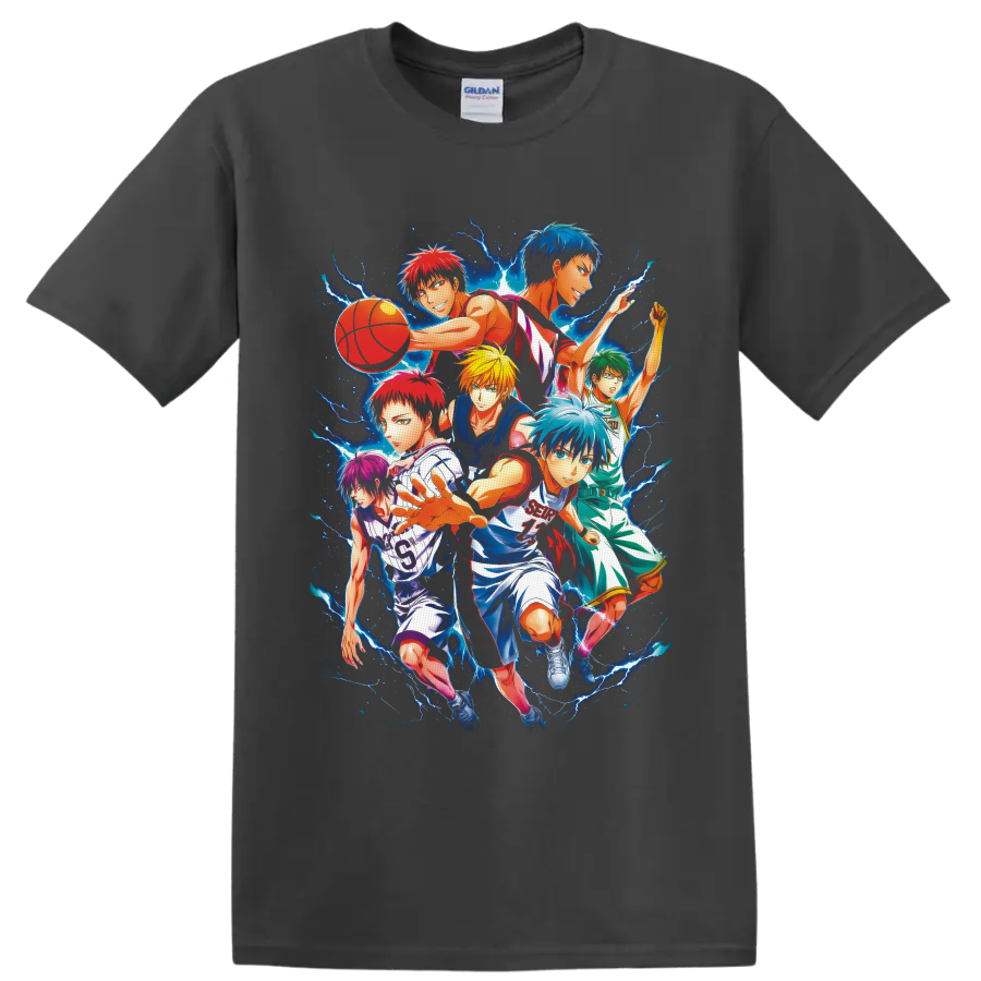 Kuroko's Basketball players in a dynamic anime collage with electric blue lightning on a Charcoal T Shirt
