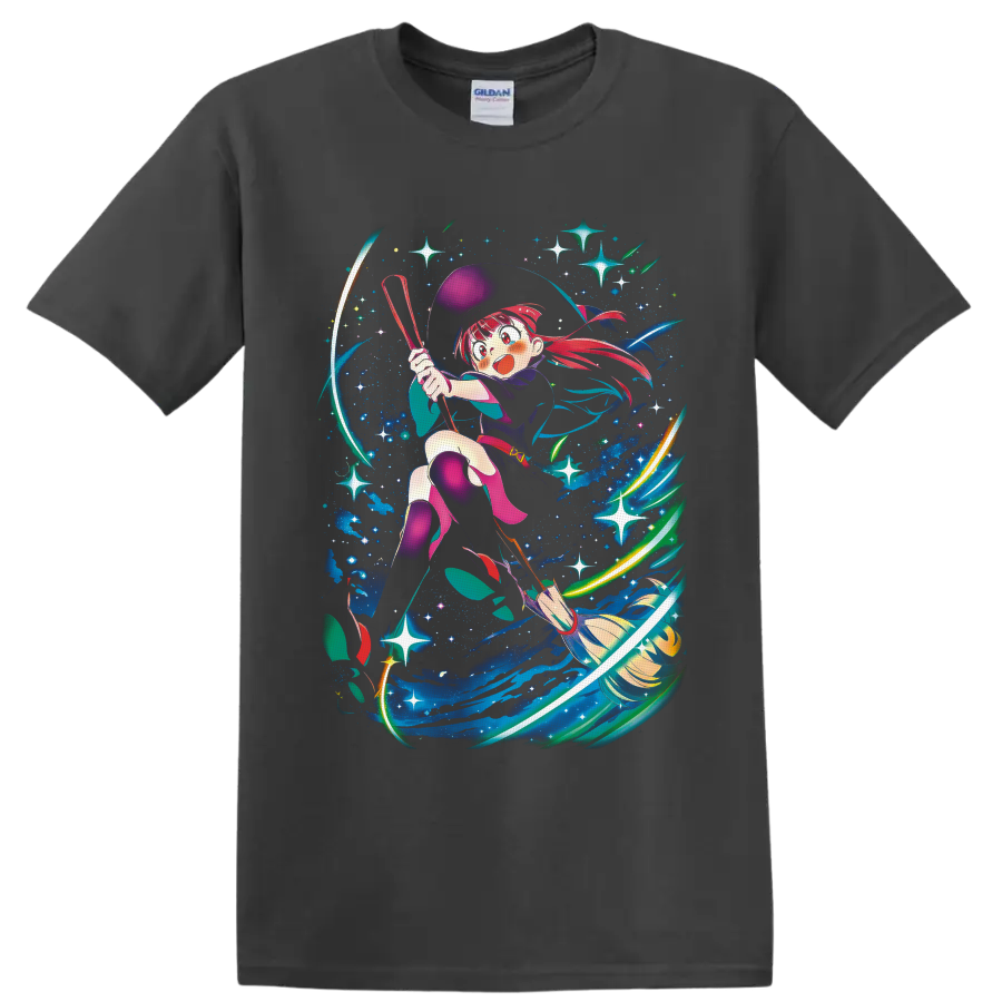 Atsuko Kagari flying on a broom through colorful cosmic magic and stars on a Charcoal T Shirt