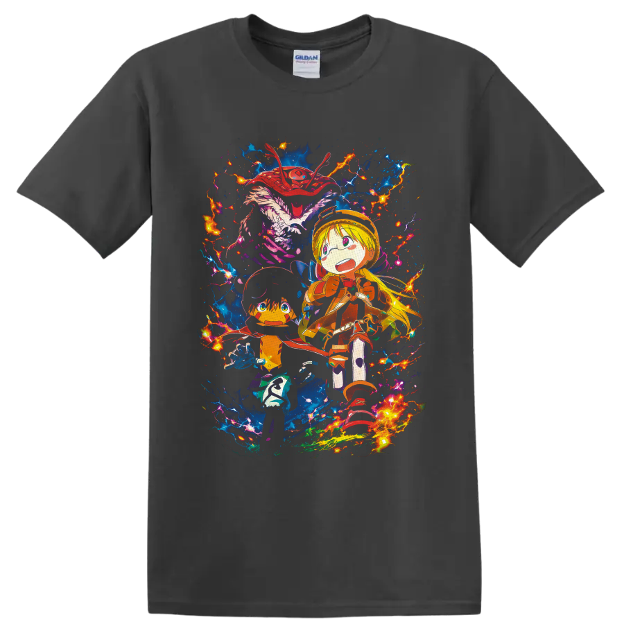 Riko and Reg with blue creature, electric lightning, and vivid fantasy anime art on a Charcoal T Shirt