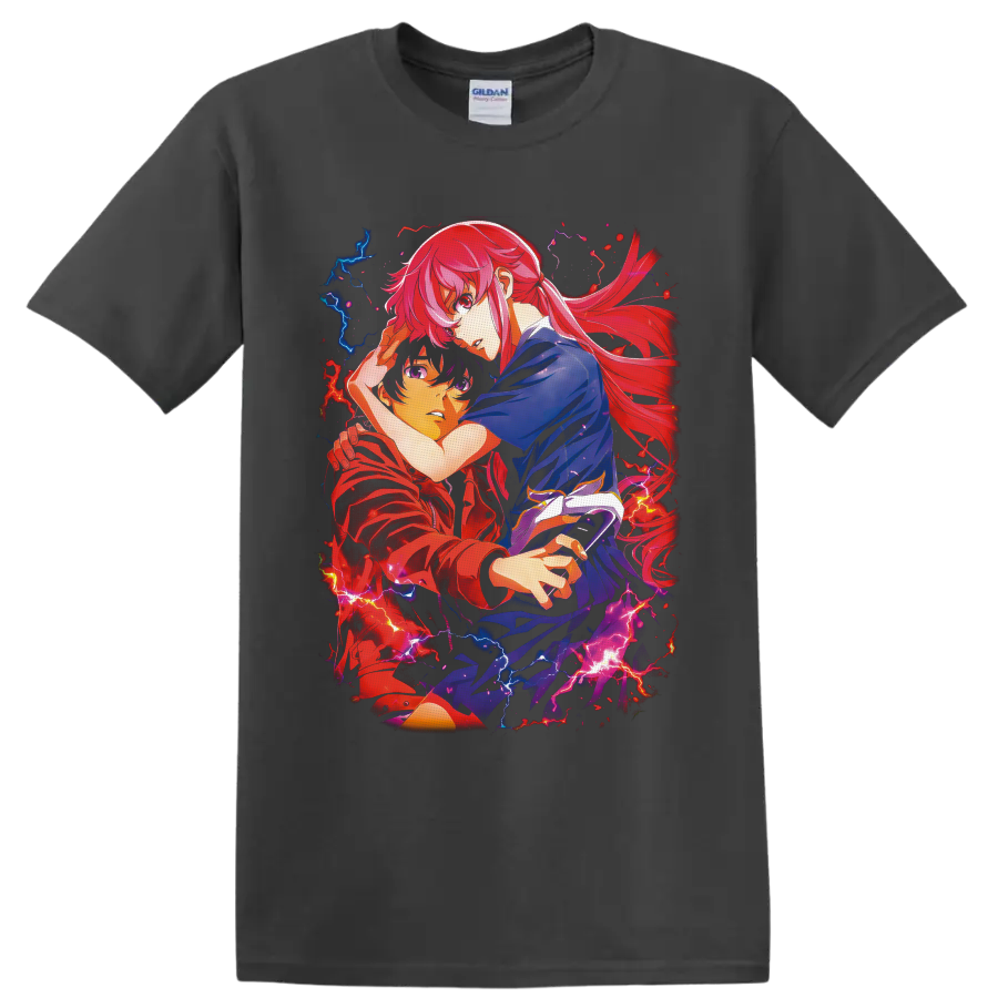 Mirai Nikki anime character duo with red blue lightning and flowing pink-red hair on a Charcoal T Shirt