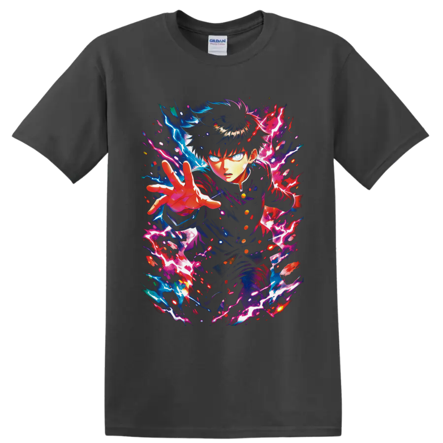 Shigeo Kageyama psychic anime art with blue and pink lightning energy on a Charcoal T Shirt