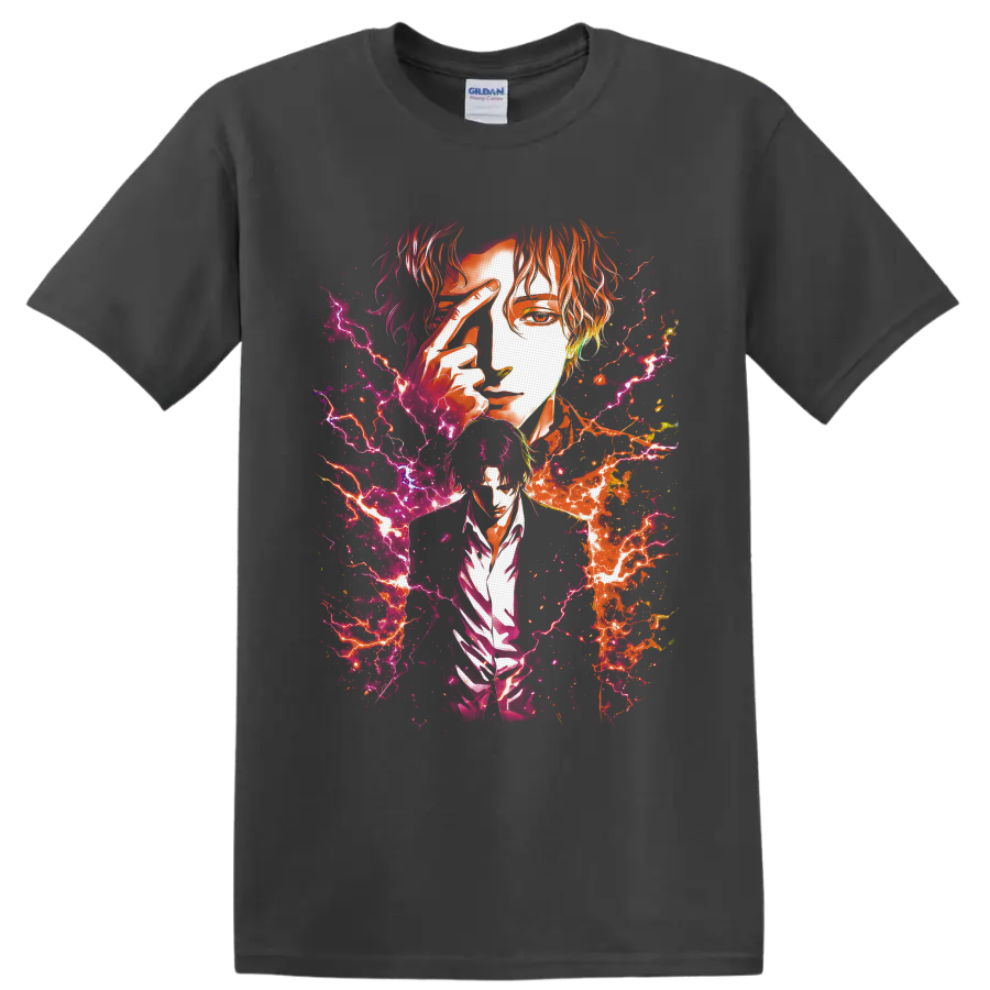 Baku Madarame anime portrait with neon pink and orange lightning splatter art on a Charcoal T Shirt