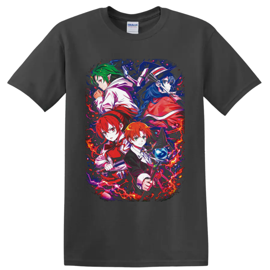 Rudeus Greyrat and companions in vivid fantasy anime art with lightning and magic on a Charcoal T Shirt