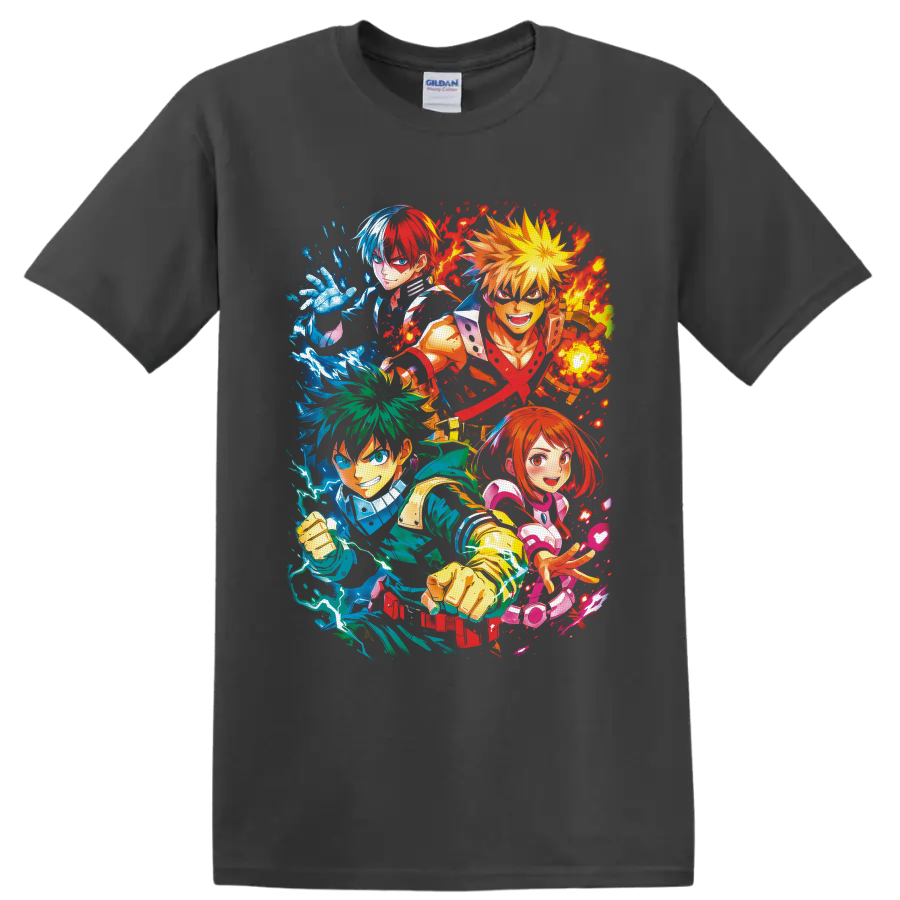 My Hero Academia heroes in colorful anime action collage with energy effects on a Charcoal T Shirt
