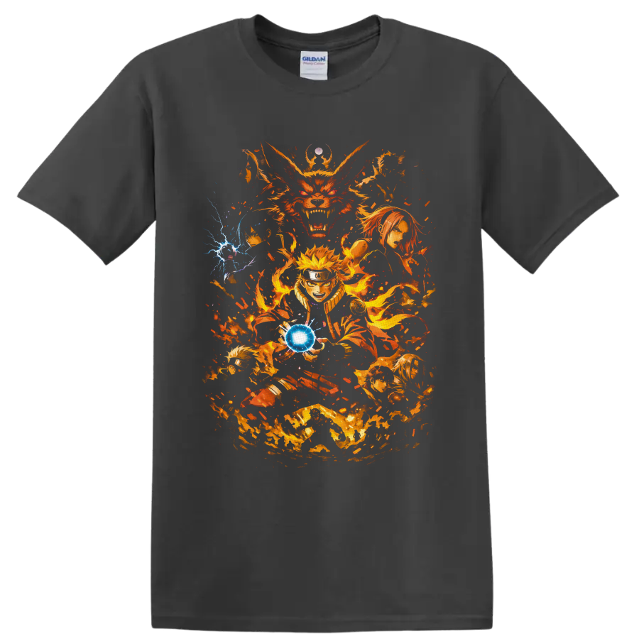 Naruto Uzumaki and Kurama anime battle art with fiery chakra and blue energy sphere on a Charcoal T Shirt