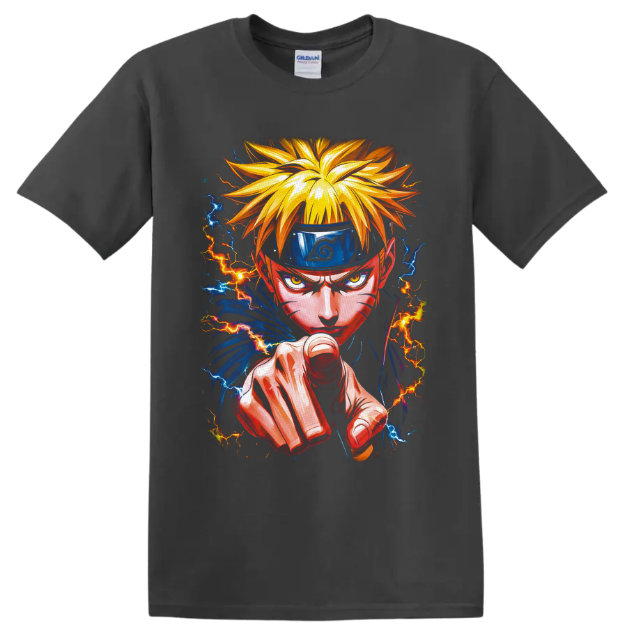 Naruto Uzumaki lightning ninja portrait with forward punch and blue orange energy on a Charcoal T Shirt