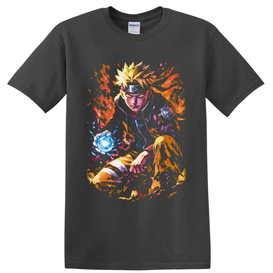 Naruto Uzumaki anime art with glowing Rasengan, fiery chakra, and colorful paint splashes on a Charcoal T Shirt
