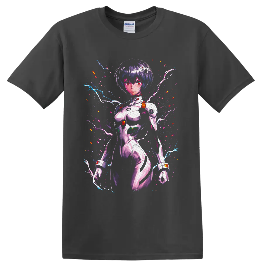Rei Ayanami in a neon cyberpunk plugsuit portrait with lightning and glitch effects on a Charcoal T Shirt