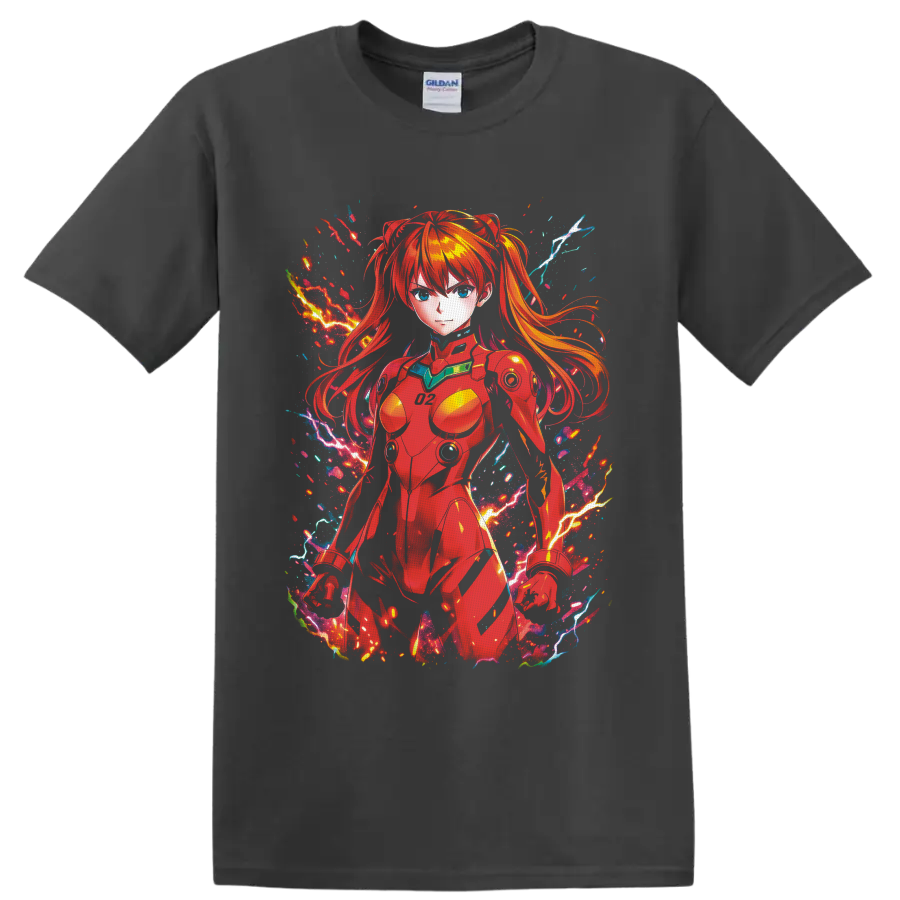 Asuka Langley Soryu in red pilot suit with neon lightning anime action art on a Charcoal T Shirt
