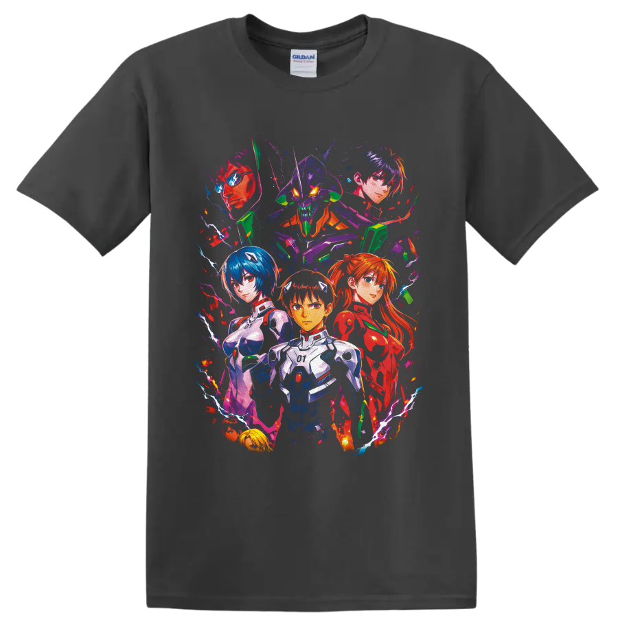 Neon Genesis Evangelion character collage with Shinji Ikari and Unit-01 in neon splatter on a Charcoal T Shirt
