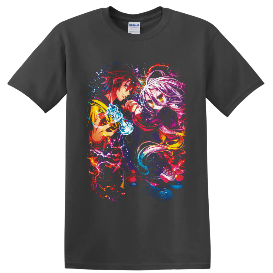Sora and Shiro with a glowing chess piece in neon fantasy anime art on a Charcoal T Shirt