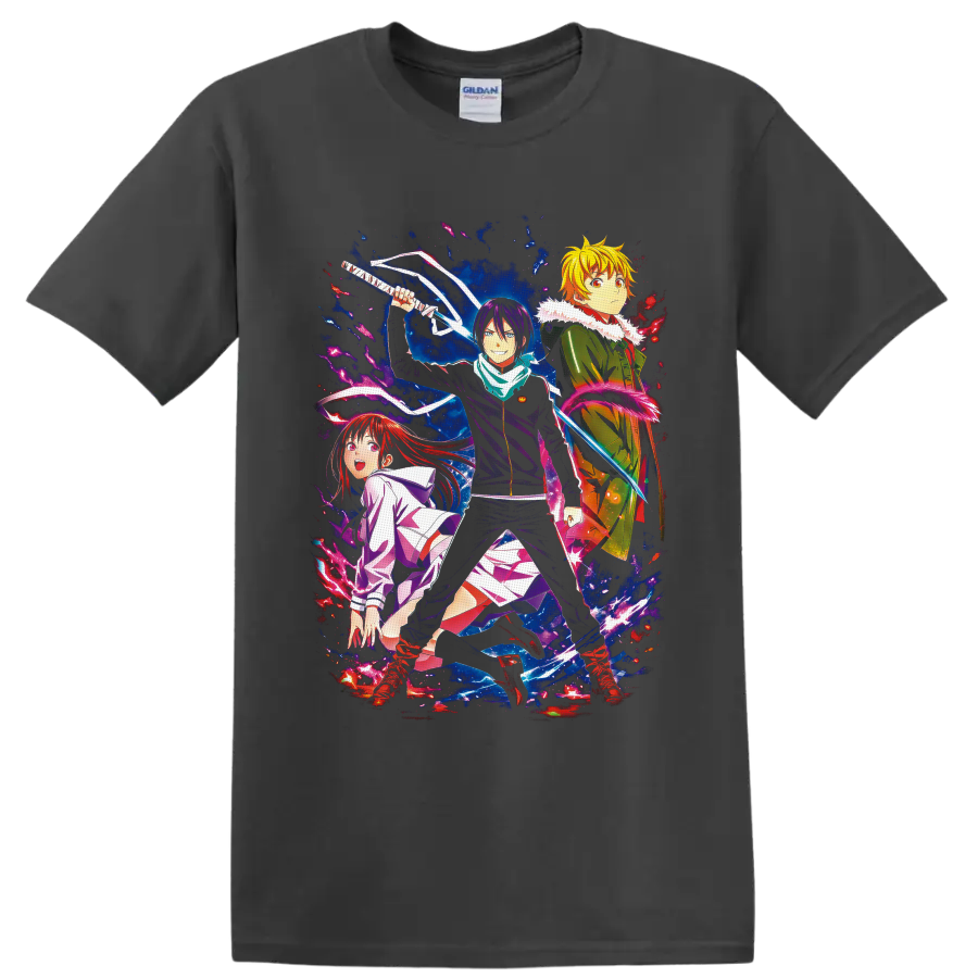 Yato, Hiyori Iki and Yukine in vivid Noragami cosmic action artwork on a Charcoal T Shirt