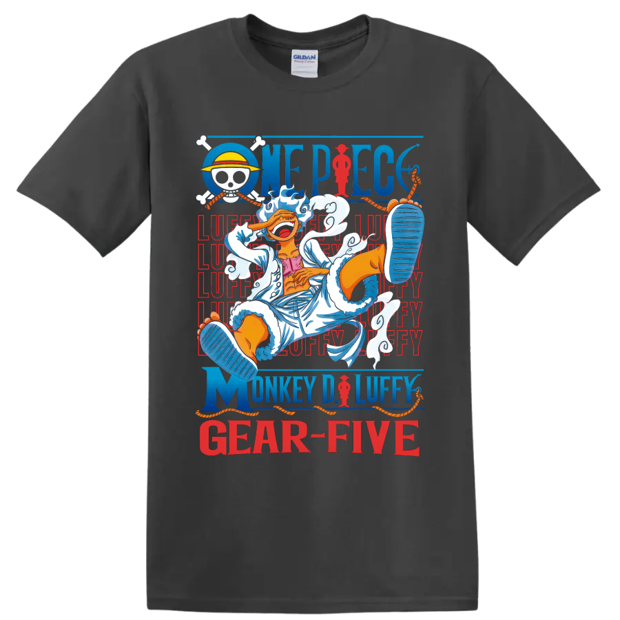 Monkey D. Luffy Gear 5 anime art with clouds, pirate emblem, ropes, and One Piece on a Charcoal T Shirt