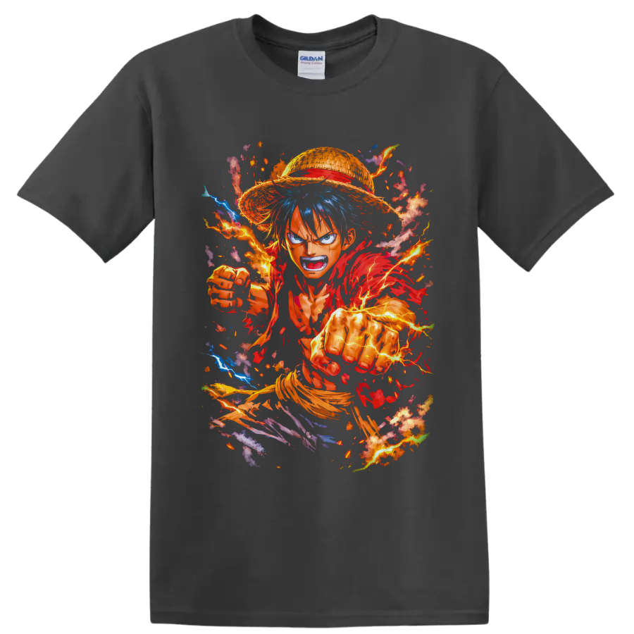 Monkey D. Luffy Gear 5 punching through fiery lightning in dynamic manga art on a Charcoal T Shirt