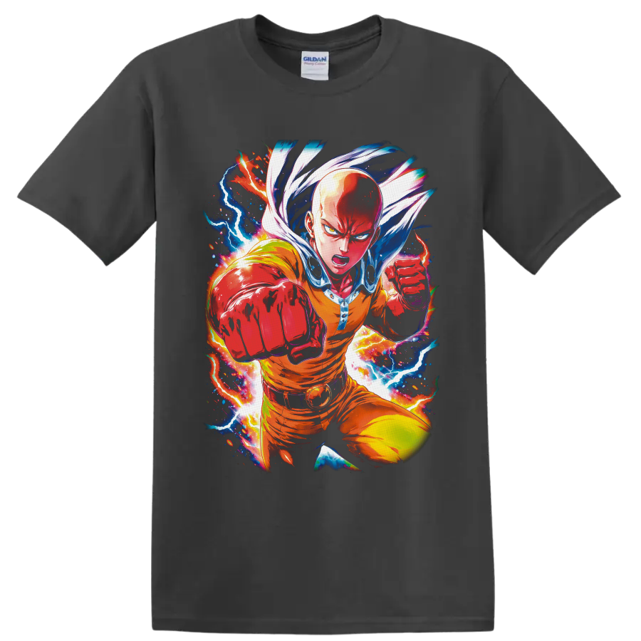 Saitama charging with a punch amid colorful lightning in manga-style action art on a Charcoal T Shirt