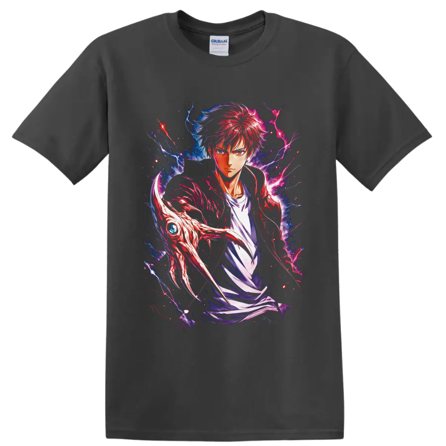 Baku Madarame Usogui manga-style portrait with red hair, lightning, and creature head on a Charcoal T Shirt
