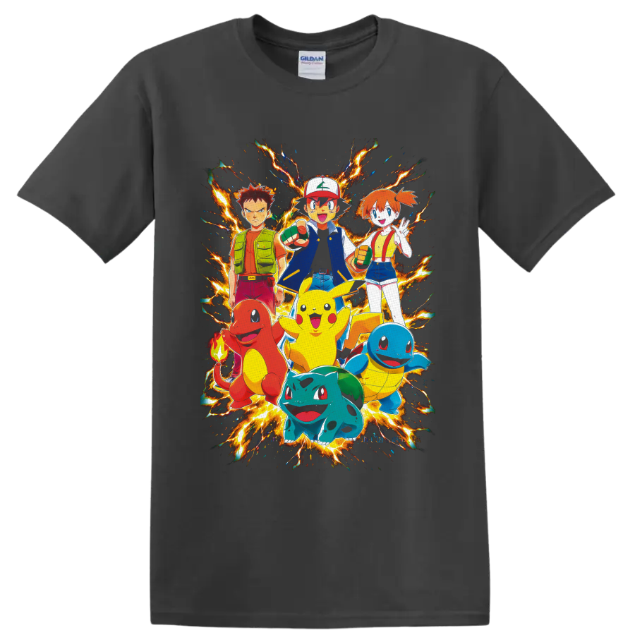 Ash Ketchum, Pikachu, Brock, Misty and starter Pokémon in fiery anime group art on a Charcoal T Shirt