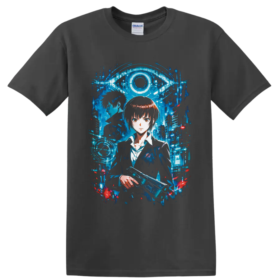 Akane Tsunemori and Shinya Kogami in a cyberpunk city beneath a digital eye on a Charcoal T Shirt
