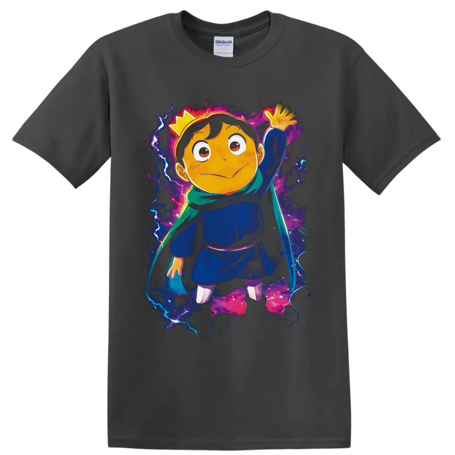 Bojji with crown, sword, and green scarf in cosmic anime fantasy art on a Charcoal T Shirt