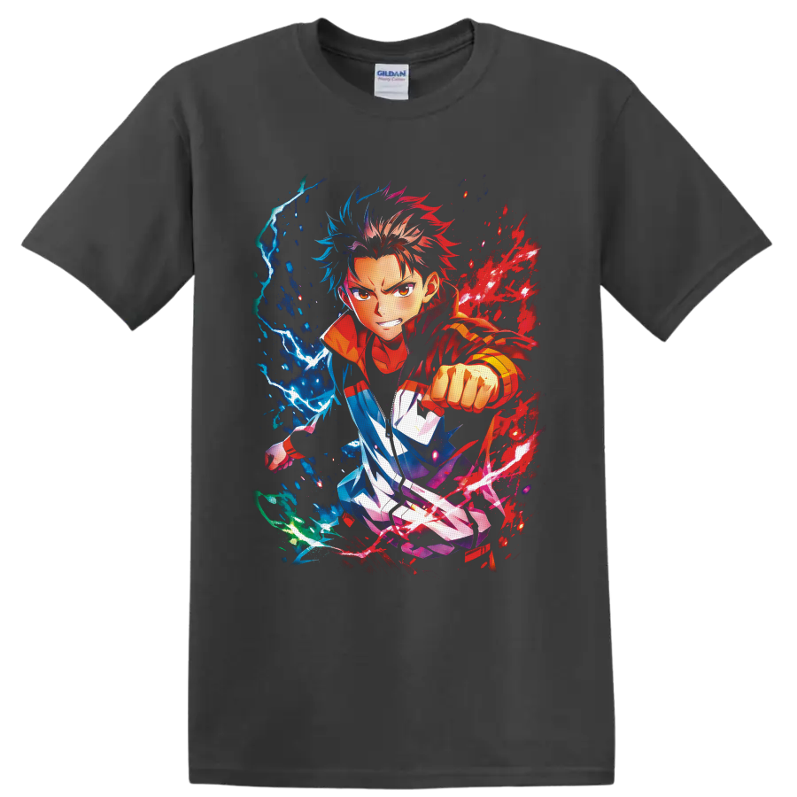 Yuji Itadori anime action art with red energy splashes and blue lightning on a Charcoal T Shirt