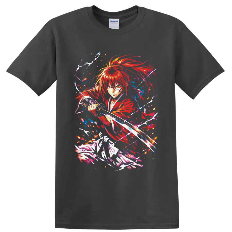 Himura Kenshin anime swordfighter graphic with red robes, sparks, and lightning on a Charcoal T Shirt