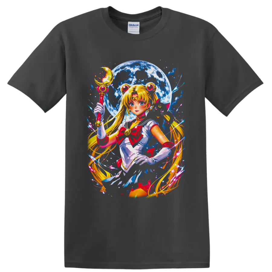Usagi Tsukino Sailor Moon anime art with crescent wand, full moon, and stars on a Charcoal T Shirt