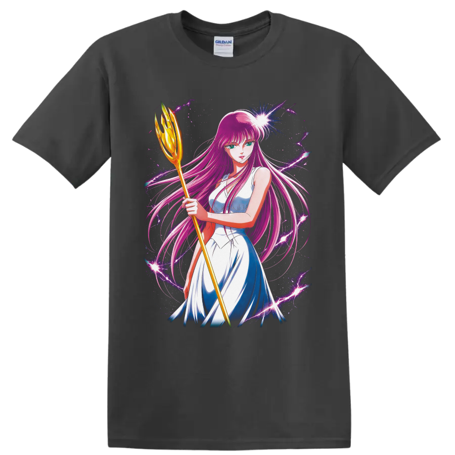 Saori Kido as Athena with golden staff amid cosmic purple lightning on a Charcoal T Shirt