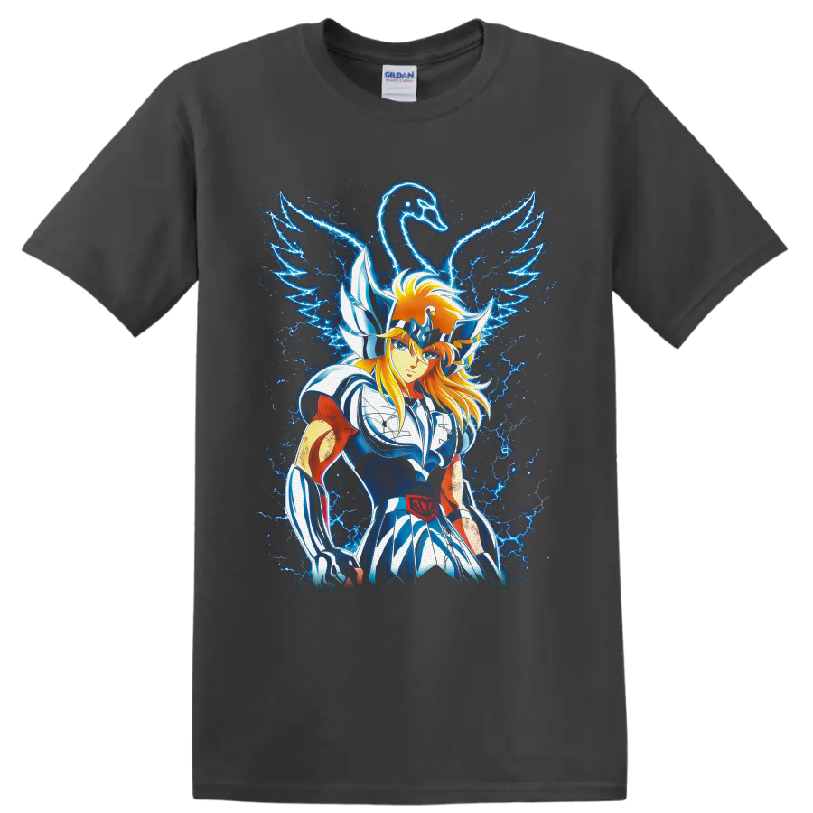Cygnus Hyoga in swan armor with a glowing swan and electric blue lightning on a Charcoal T Shirt