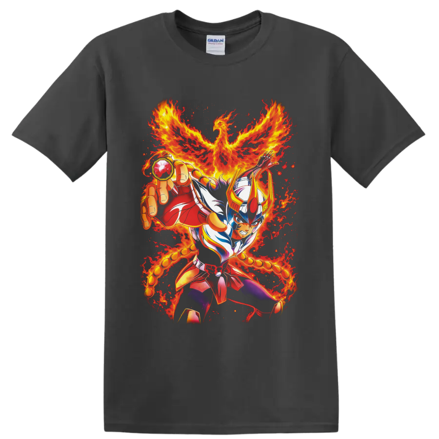 Phoenix Ikki armored warrior with a blazing fire phoenix in vivid anime art on a Charcoal T Shirt