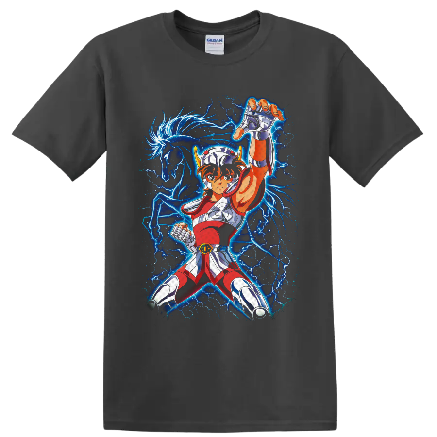Pegasus Seiya in silver armor with blue lightning and glowing winged horse artwork on a Charcoal T Shirt