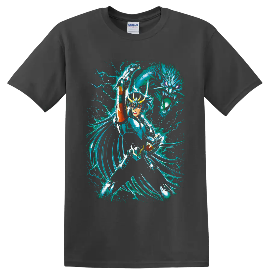 Dragon Shiryu in teal armor with spectral dragon and cyan lightning on a Charcoal T Shirt