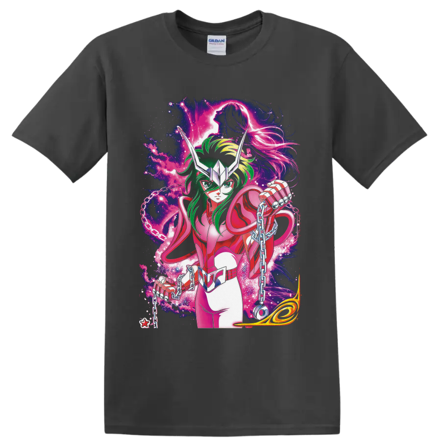 Andromeda Shun in pink armor with chains amid neon cosmic anime art on a Charcoal T Shirt