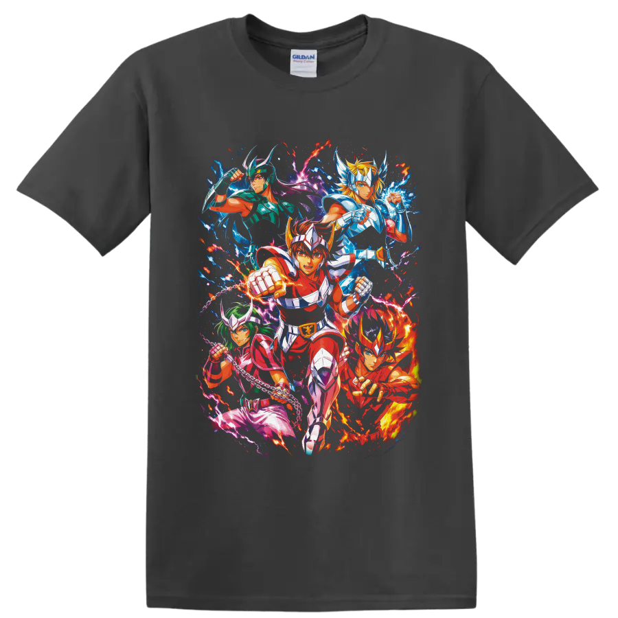 Pegasus Seiya and Bronze Saints in vibrant cosmic anime battle artwork on a Charcoal T Shirt