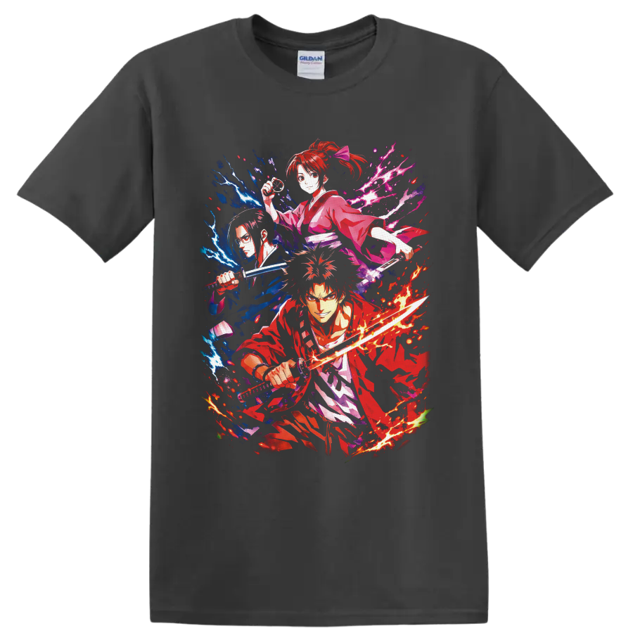 Gintoki Sakata anime sword fighter graphic with lightning, flames, and petals on a Charcoal T Shirt