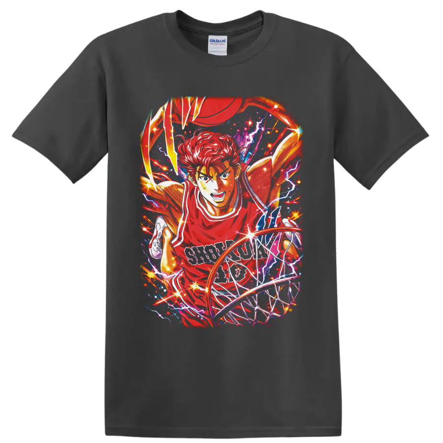 Hanamichi Sakuragi basketball anime art driving to the hoop with lightning and stars on a Charcoal T Shirt