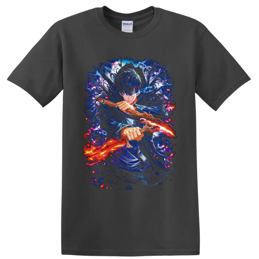 Sung Jin-Woo Solo Leveling anime warrior with glowing sword and blue lightning on a Charcoal T Shirt