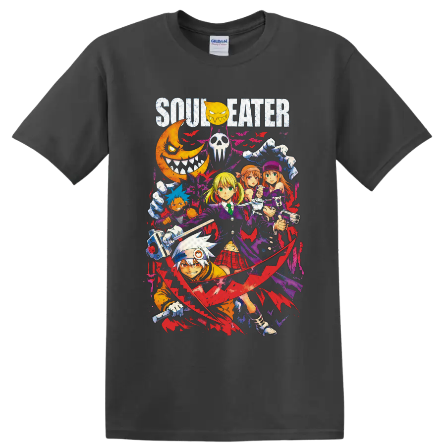 Soul Eater Maka Albarn and character collage with bats, scythe, moon, and gothic splatter on a Charcoal T Shirt