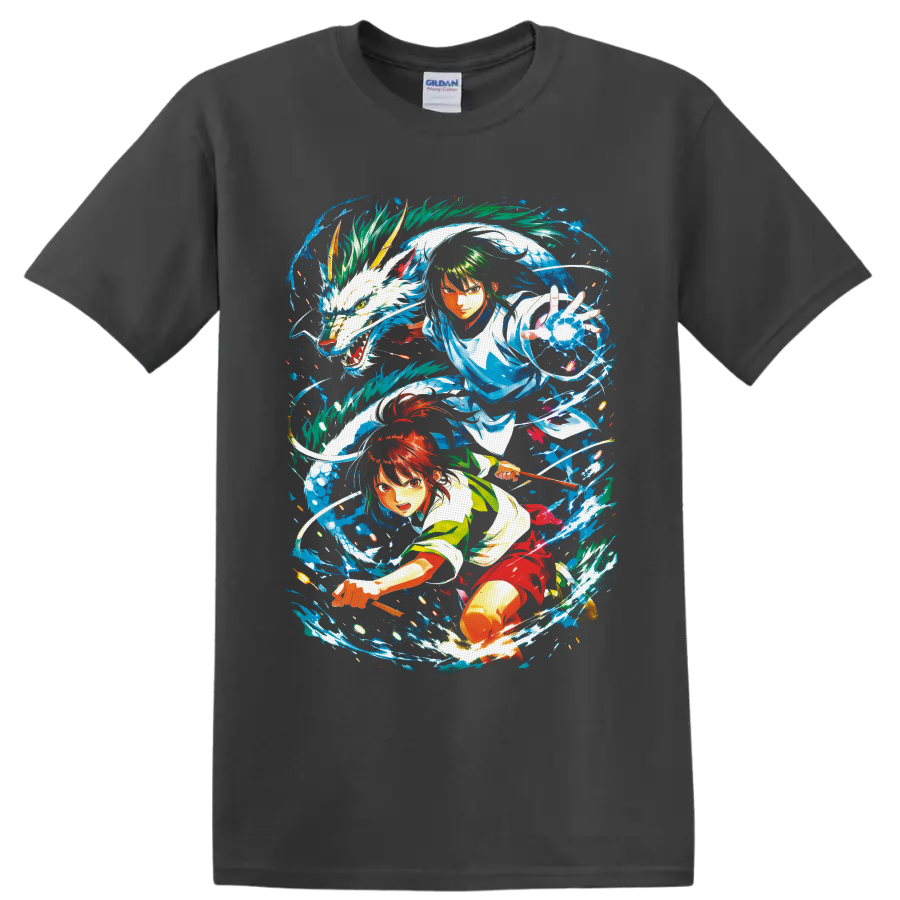 Shin and Lu Xiaotang anime crossover with white dragon and swirling blue water on a Charcoal T Shirt