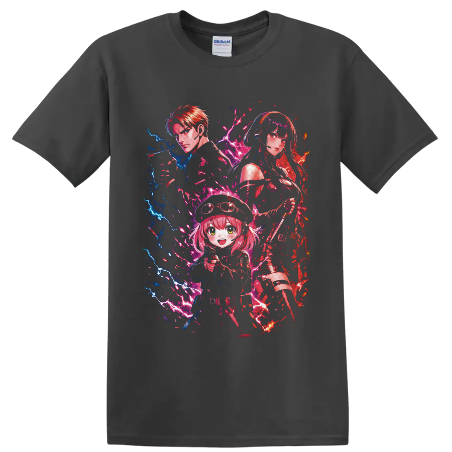 Spy x Family Loid, Yor, and Anya anime art with neon lightning and colorful splashes on a Charcoal T Shirt
