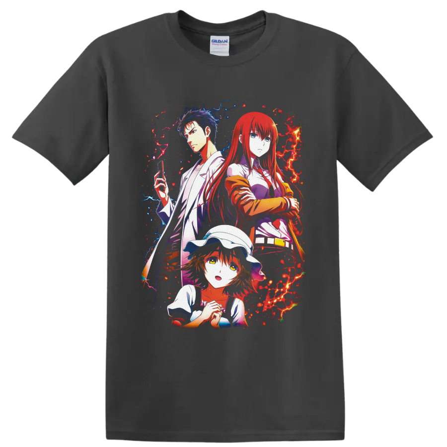 Steins;Gate Rintaro, Kurisu, and Mayuri anime art with red and blue energy on a Charcoal T Shirt