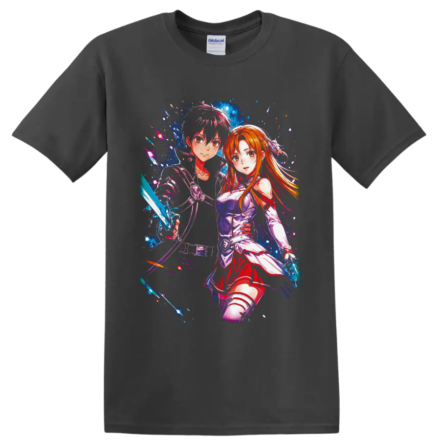 Kirito and Asuna Yuuki anime art with glowing swords and cosmic blue effects on a Charcoal T Shirt