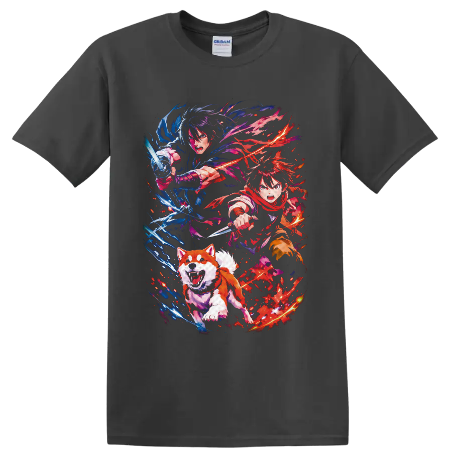 Ginga Nagareboshi Gin anime warriors and charging dog with blue and red energy on a Charcoal T Shirt